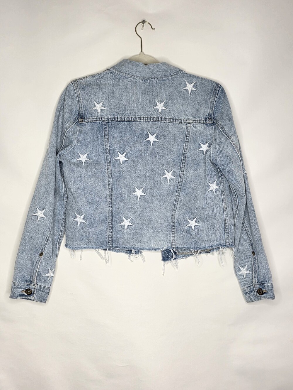 Pistola Brando Star Embroidered Jean Jacket Size M Light Wash Denim Raw Hem - Picture 4 of 12